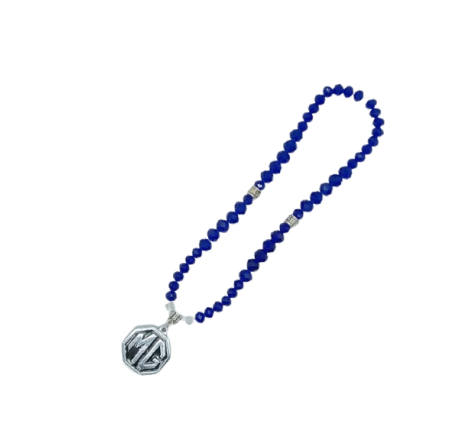 Crystal rosary with MG logo